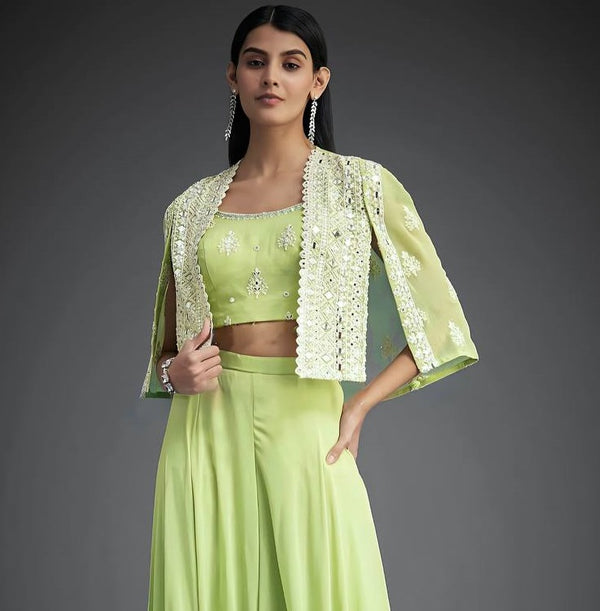 Pramukh Fab Pista Color Faux Georgette Koti Blouse Suit Set