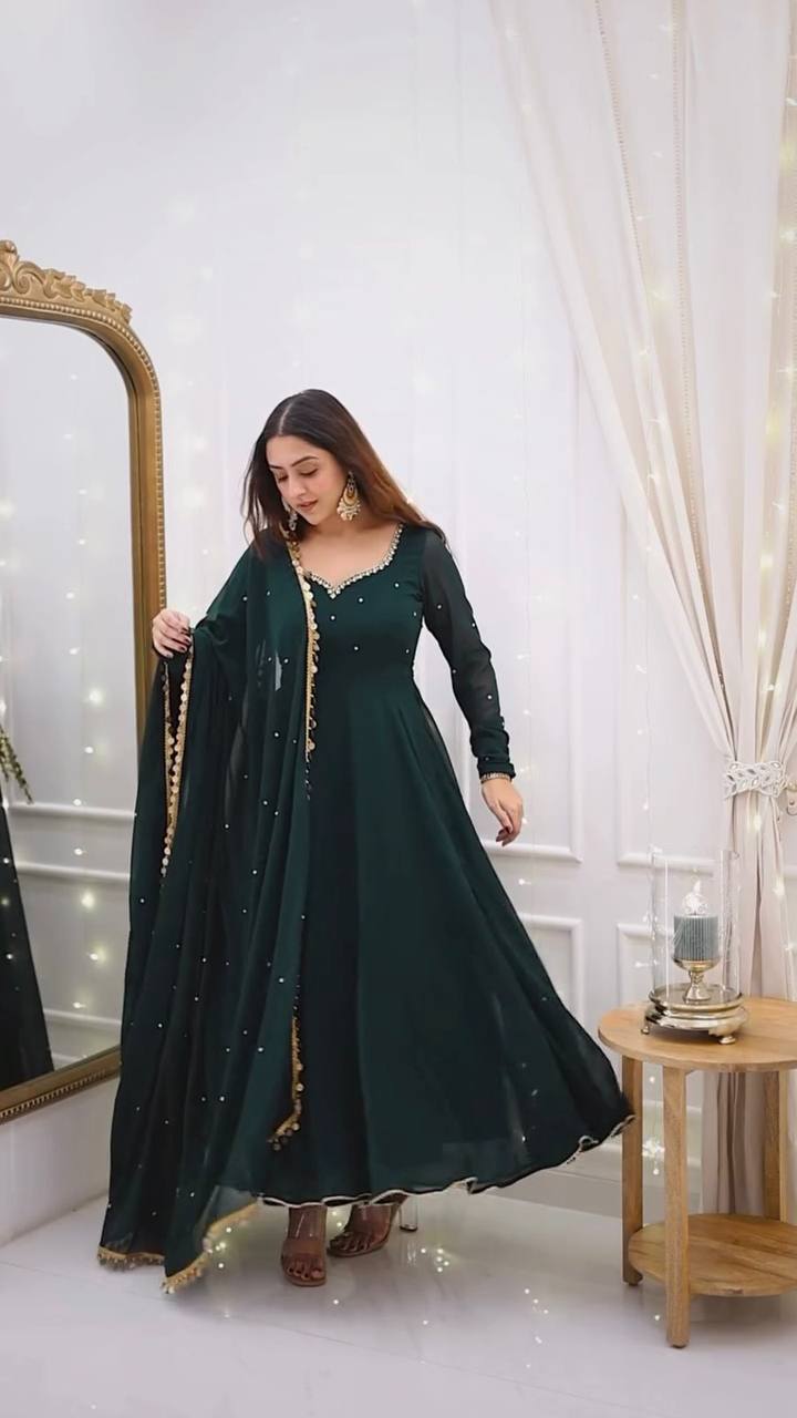 Pramukh Fab Dark Green Color Faux Georgette Kurta Set - Distacart