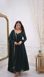 Thumbnail for Pramukh Fab Dark Green Color Faux Georgette Kurta Set - Distacart