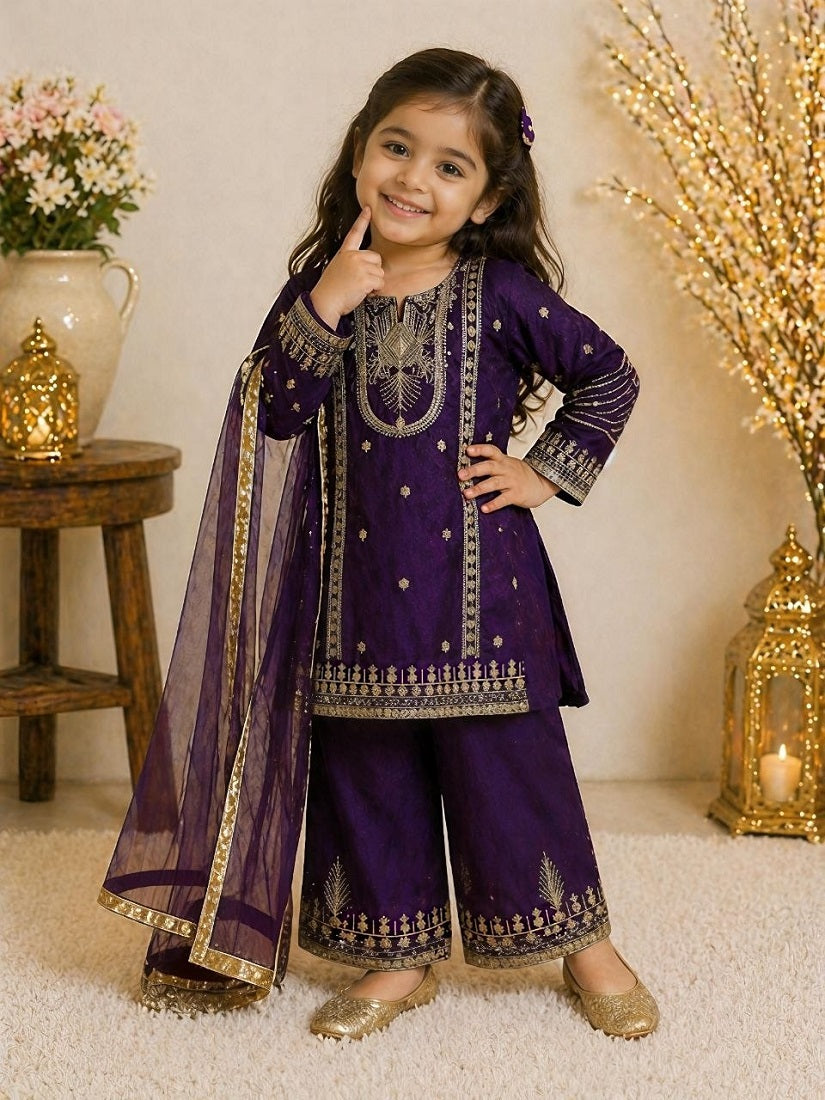Evanik Purple Embroidered Sequence Work Fendy Silk Kids Kurta Set - Dista