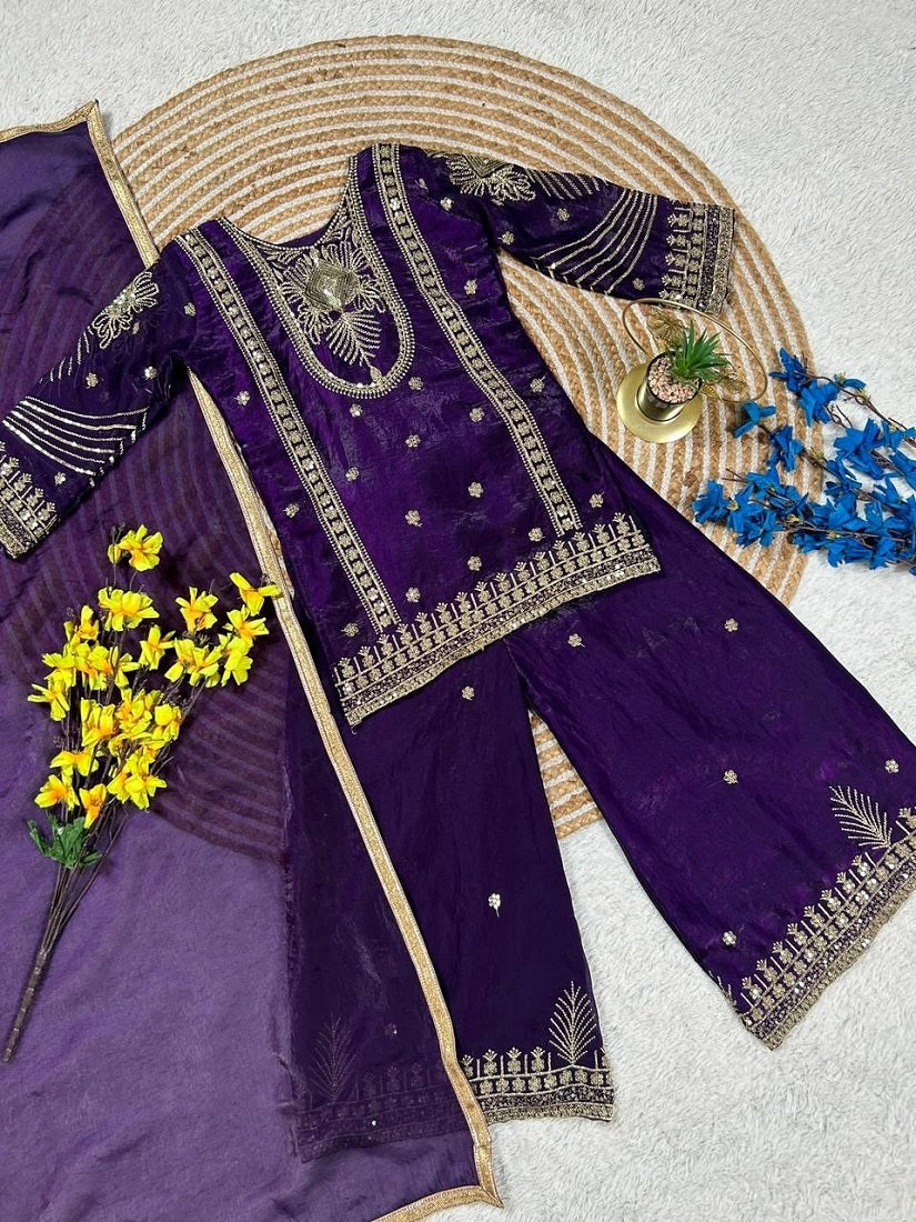Evanik Purple Embroidered Sequence Work Fendy Silk Kids Kurta Set - Dista