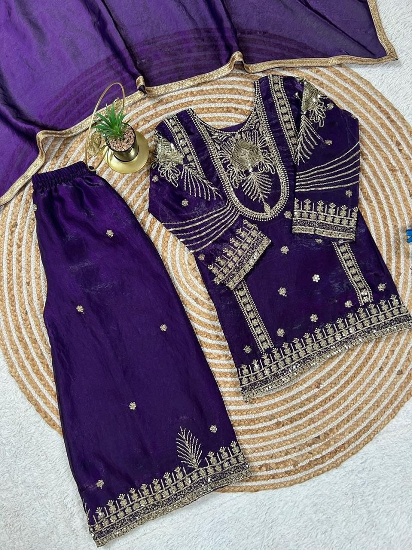Evanik Purple Embroidered Sequence Work Fendy Silk Kids Kurta Set - Dista