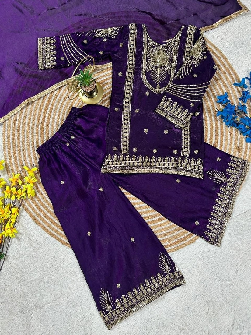 Evanik Purple Embroidered Sequence Work Fendy Silk Kids Kurta Set - Dista