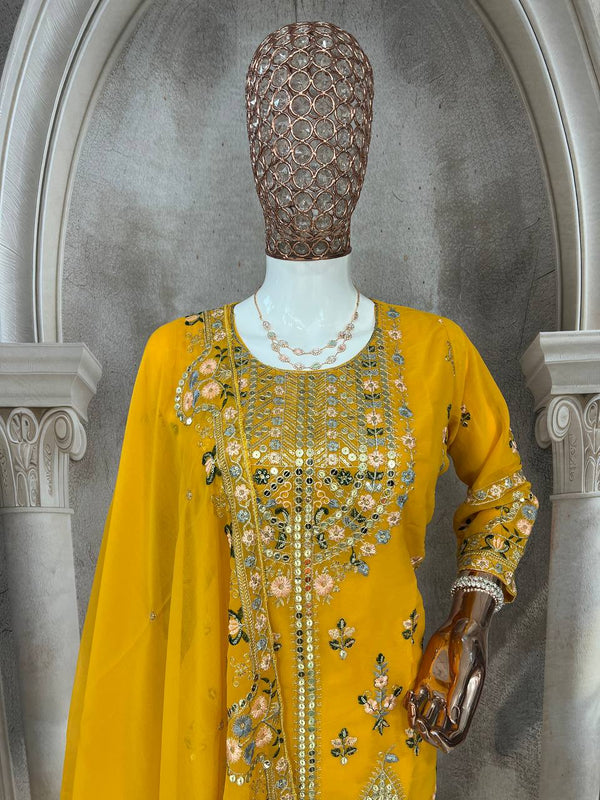 Pramukh Fab Yellow Color Faux Georgette Kurta Set