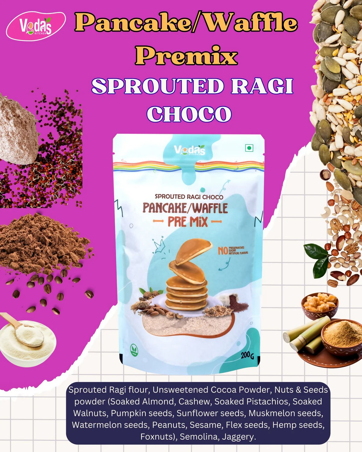 Vedas Kitchen Sprouted Ragi Choco Waffle/Pancake Premix - Dista