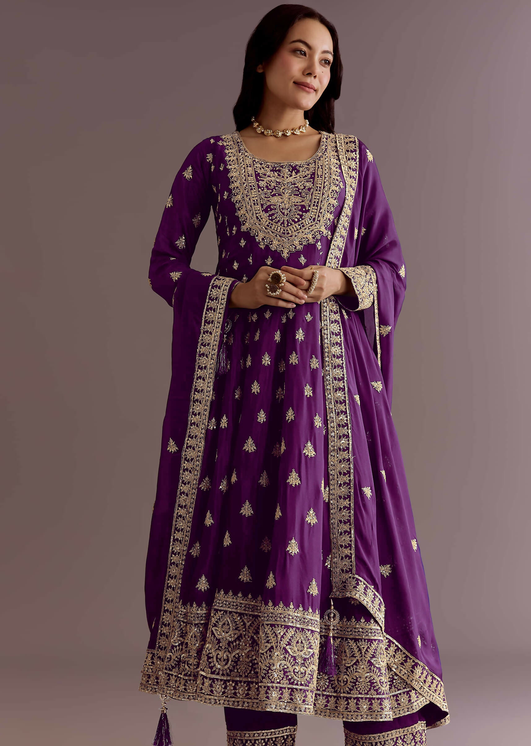 Teeya Creation Wine Color Chinon Silk Embroidery Work Wedding Wear Gown - Distacart
