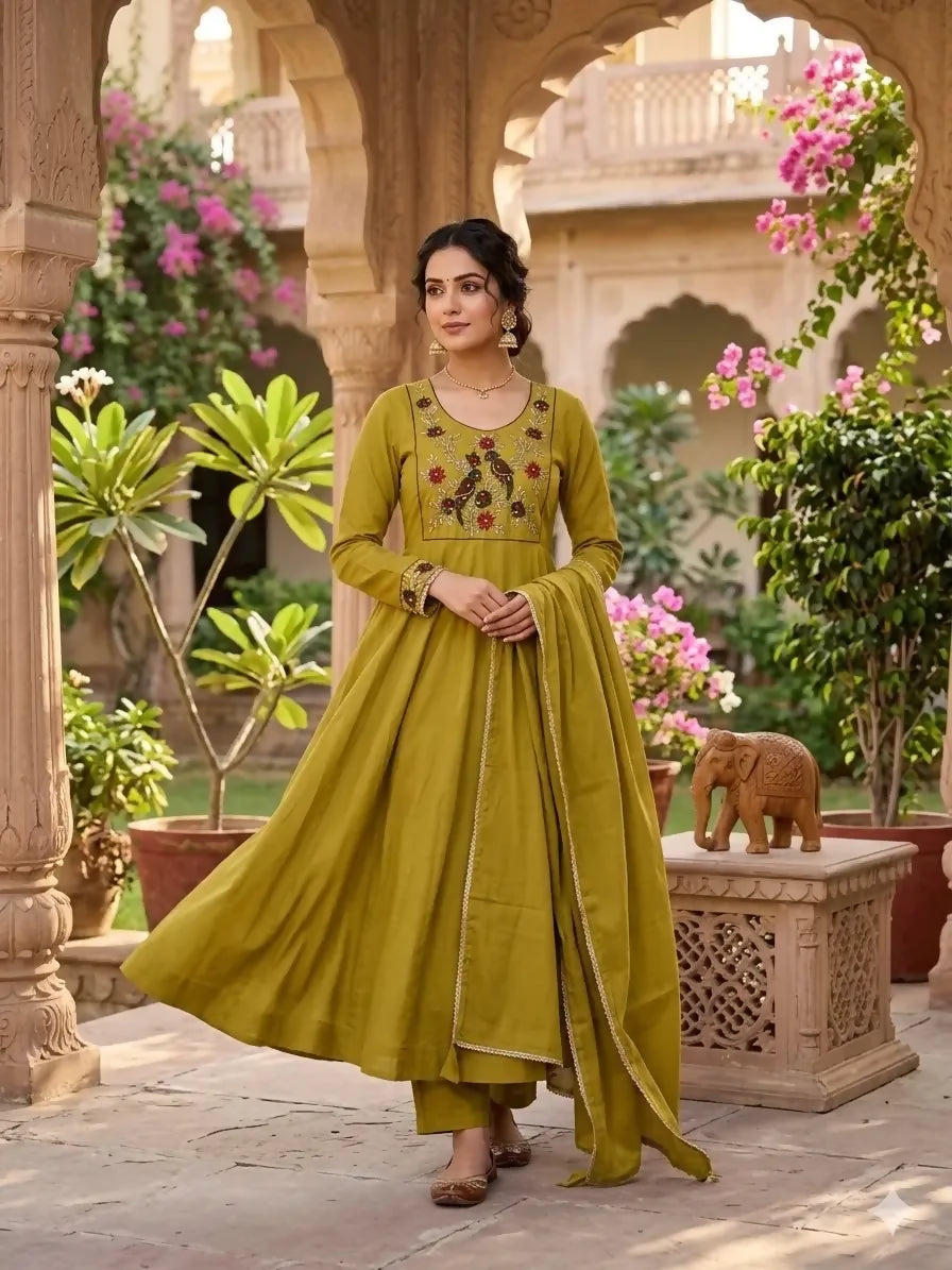 Teeya Creation Womens New Trendy Olive Green Embroidered Anarkali Suit With Pant & Dupatta Set - Dista