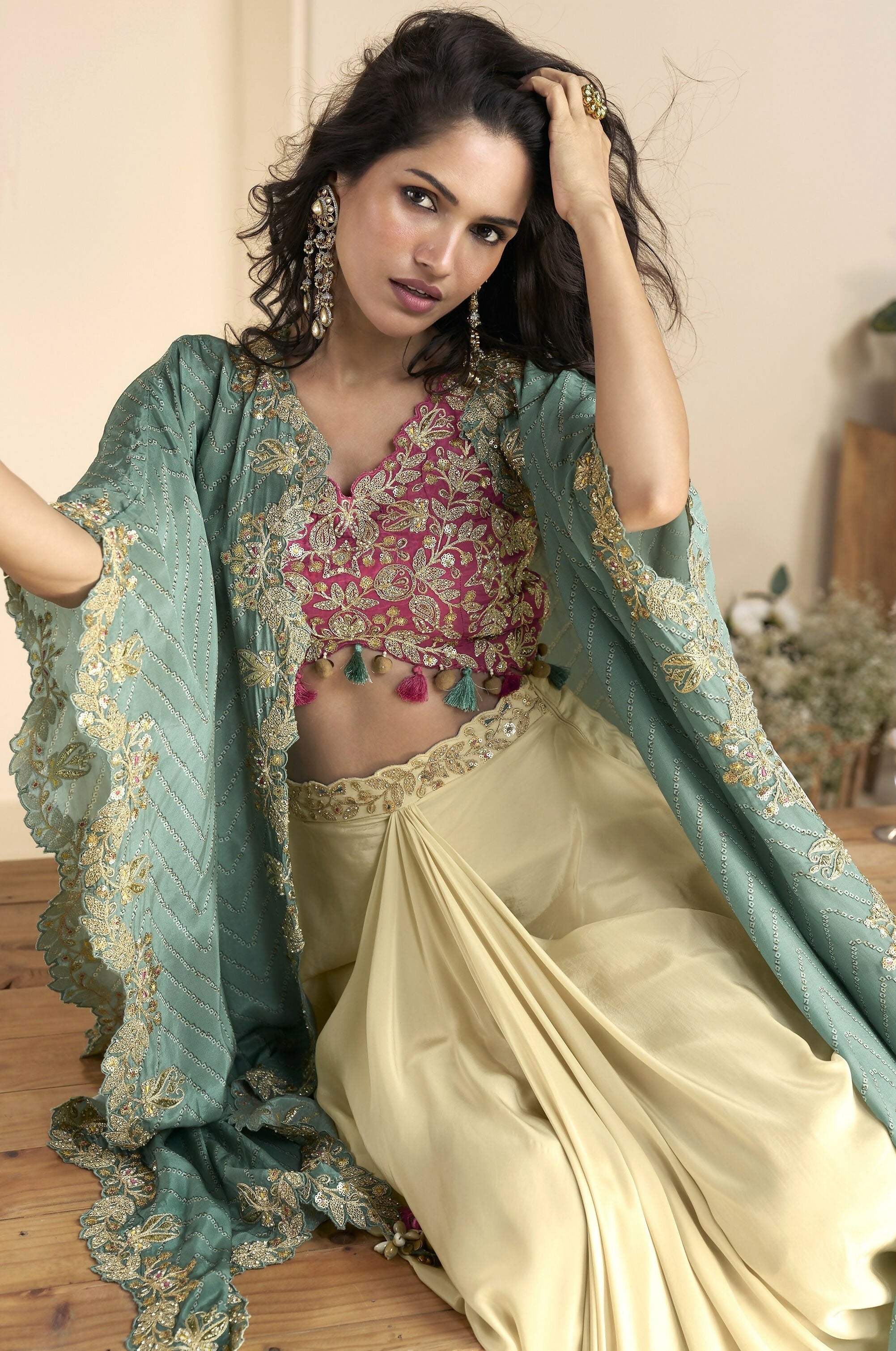 Anaita Maroon Chinon Readymade Shrug Suit with Embroidery Sequence Work - Distacart