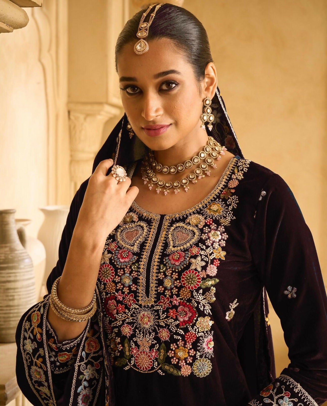 Anaita Maroon Embroidered Velvet Stitched Plazo Suit - Distacart