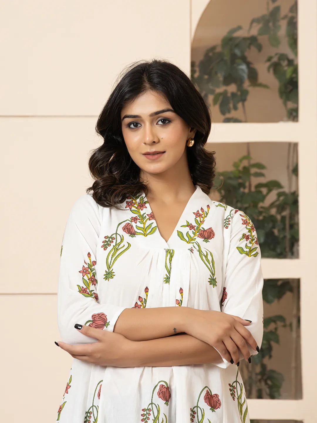 Yufta Pink & White Cotton Floral Print Aline Kurta