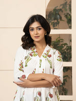 Thumbnail for Yufta Pink & White Cotton Floral Print Aline Kurta