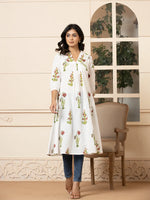 Thumbnail for Yufta Pink & White Cotton Floral Print Aline Kurta