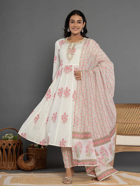 Yufta Pink & White Gota_Patti Cotton Anarkali Kurta Dupatta Pant Set