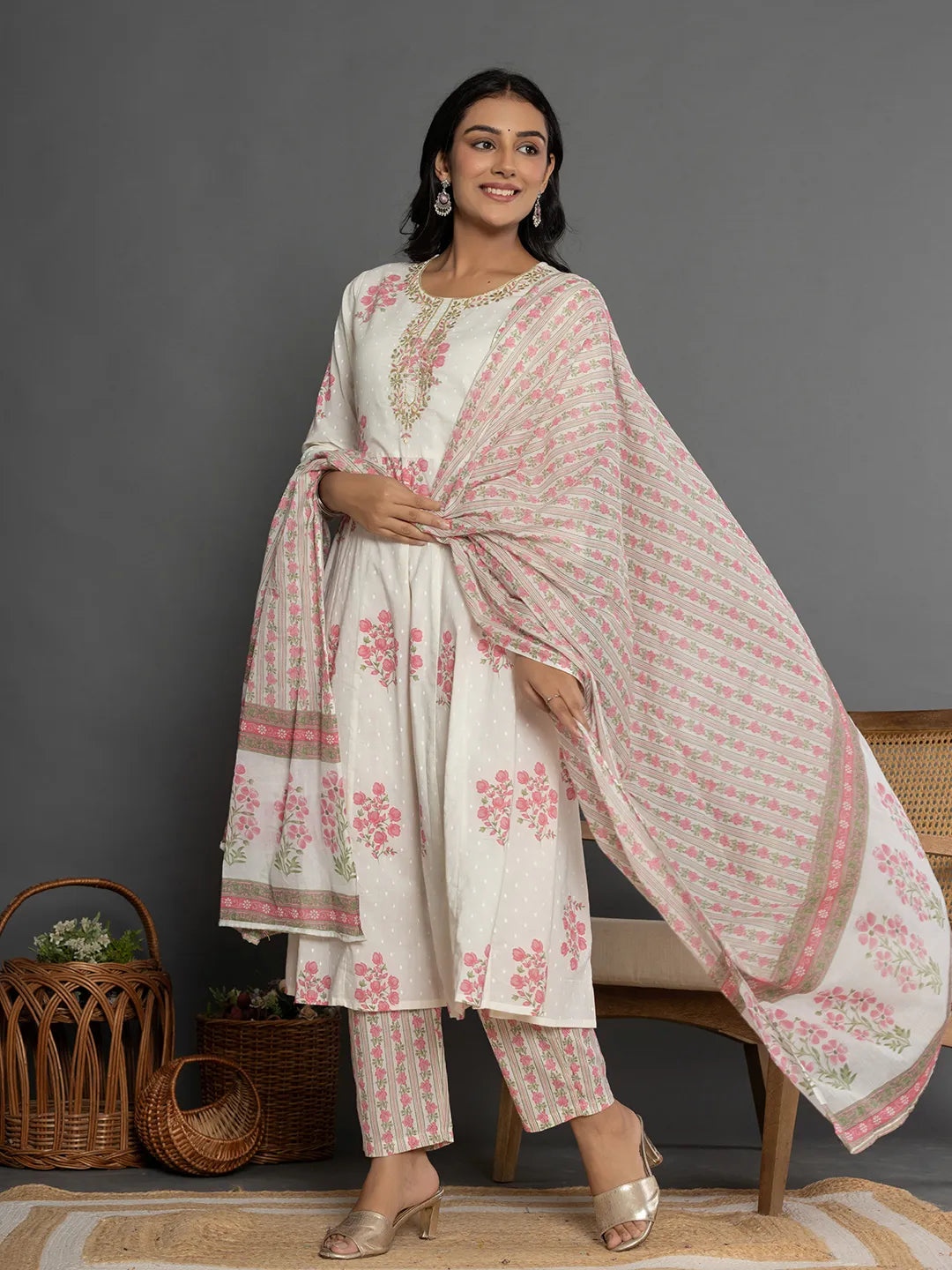 Yufta Pink & White Gota_Patti Cotton Anarkali Kurta Dupatta Pant Set - Distacart