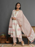 Thumbnail for Yufta Pink & White Gota_Patti Cotton Anarkali Kurta Dupatta Pant Set