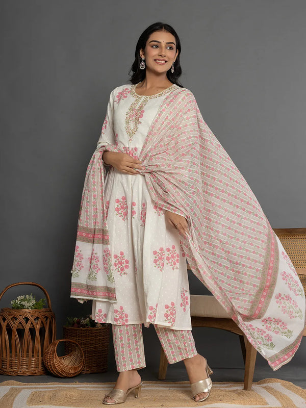 Yufta Pink & White Gota_Patti Cotton Anarkali Kurta Dupatta Pant Set