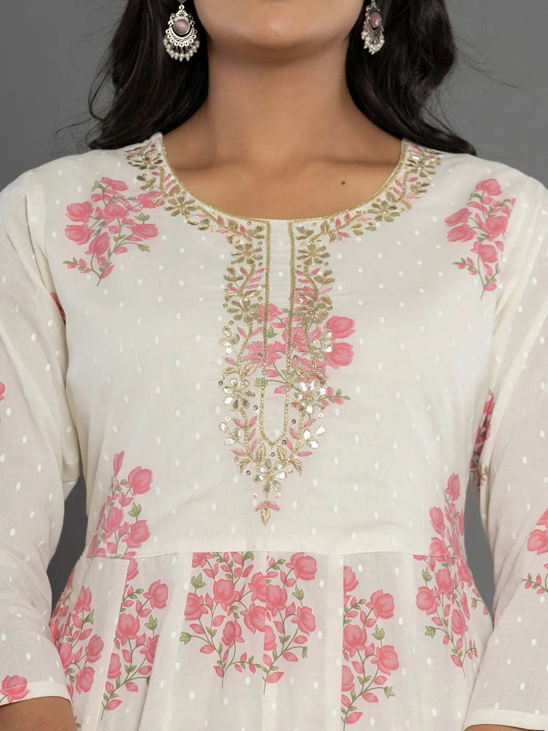 Yufta Pink & White Gota_Patti Cotton Anarkali Kurta Dupatta Pant Set