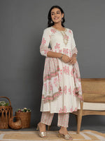 Thumbnail for Yufta Pink & White Gota_Patti Cotton Anarkali Kurta Dupatta Pant Set