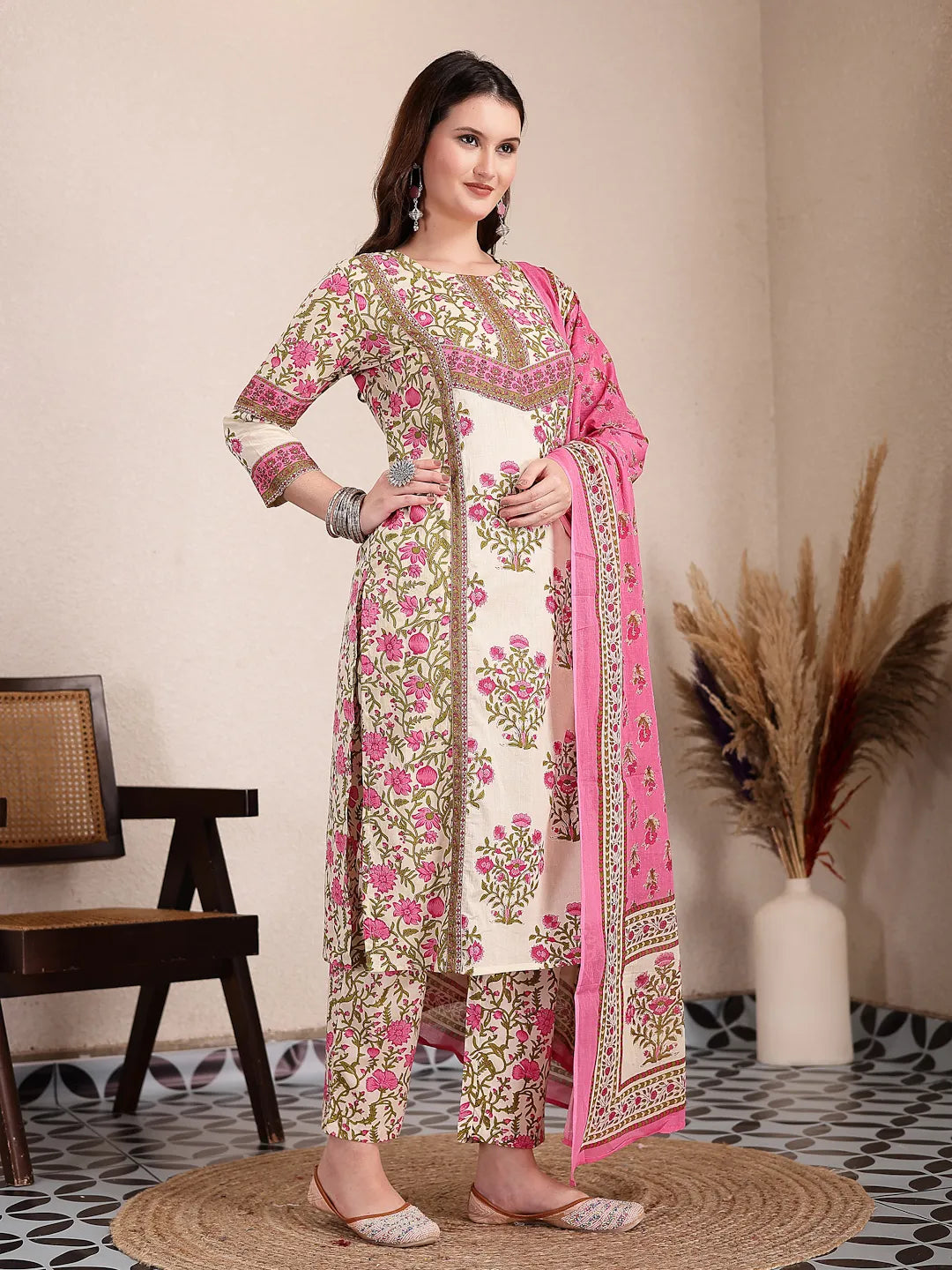 Yufta Pink And Beige Pure Cotton Floral Sequins Work Kurta Dupatta Set - Distacart