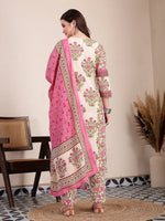 Thumbnail for Yufta Pink And Beige Pure Cotton Floral Sequins Work Kurta Dupatta Set
