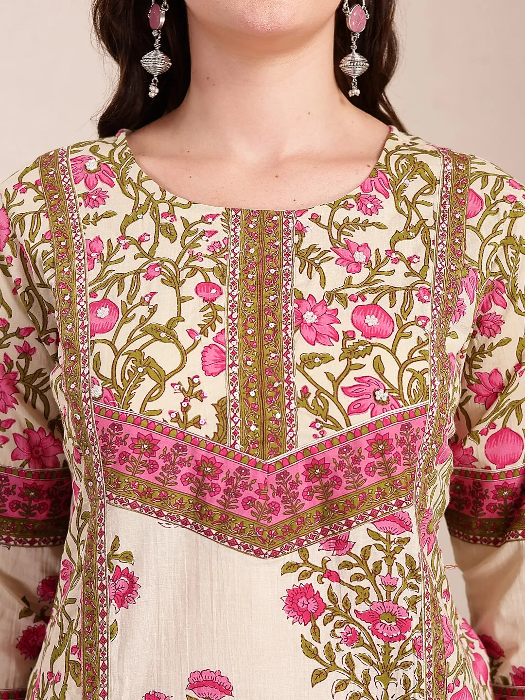 Yufta Pink And Beige Pure Cotton Floral Sequins Work Kurta Dupatta Set