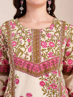 Thumbnail for Yufta Pink And Beige Pure Cotton Floral Sequins Work Kurta Dupatta Set