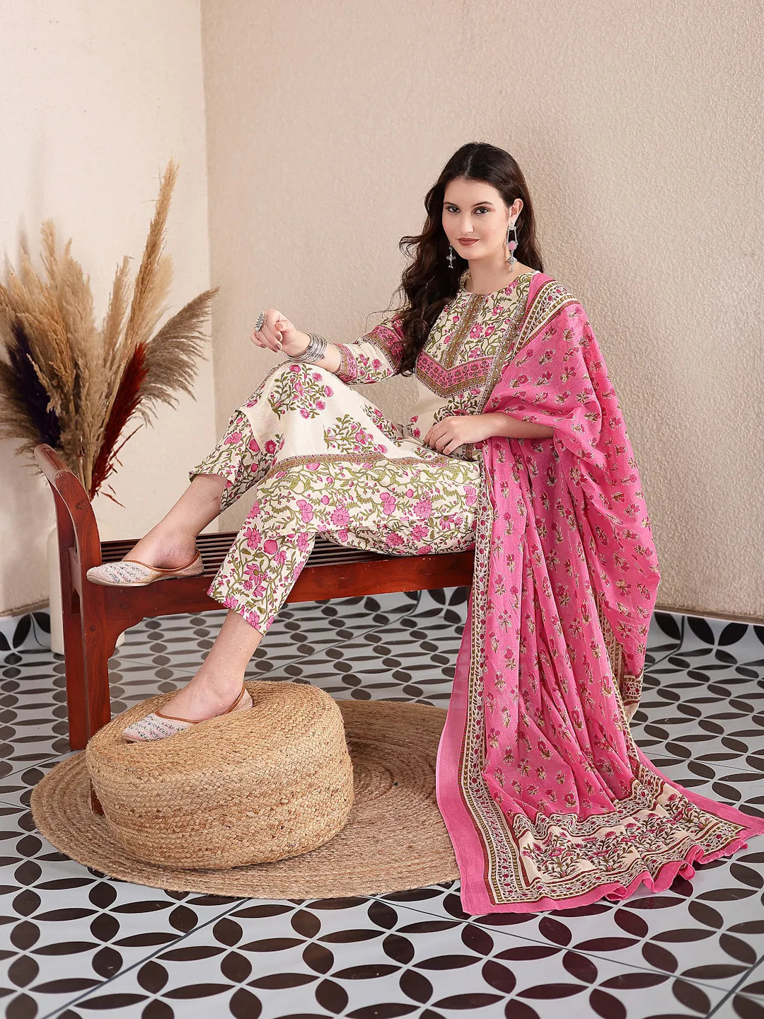 Yufta Pink And Beige Pure Cotton Floral Sequins Work Kurta Dupatta Set