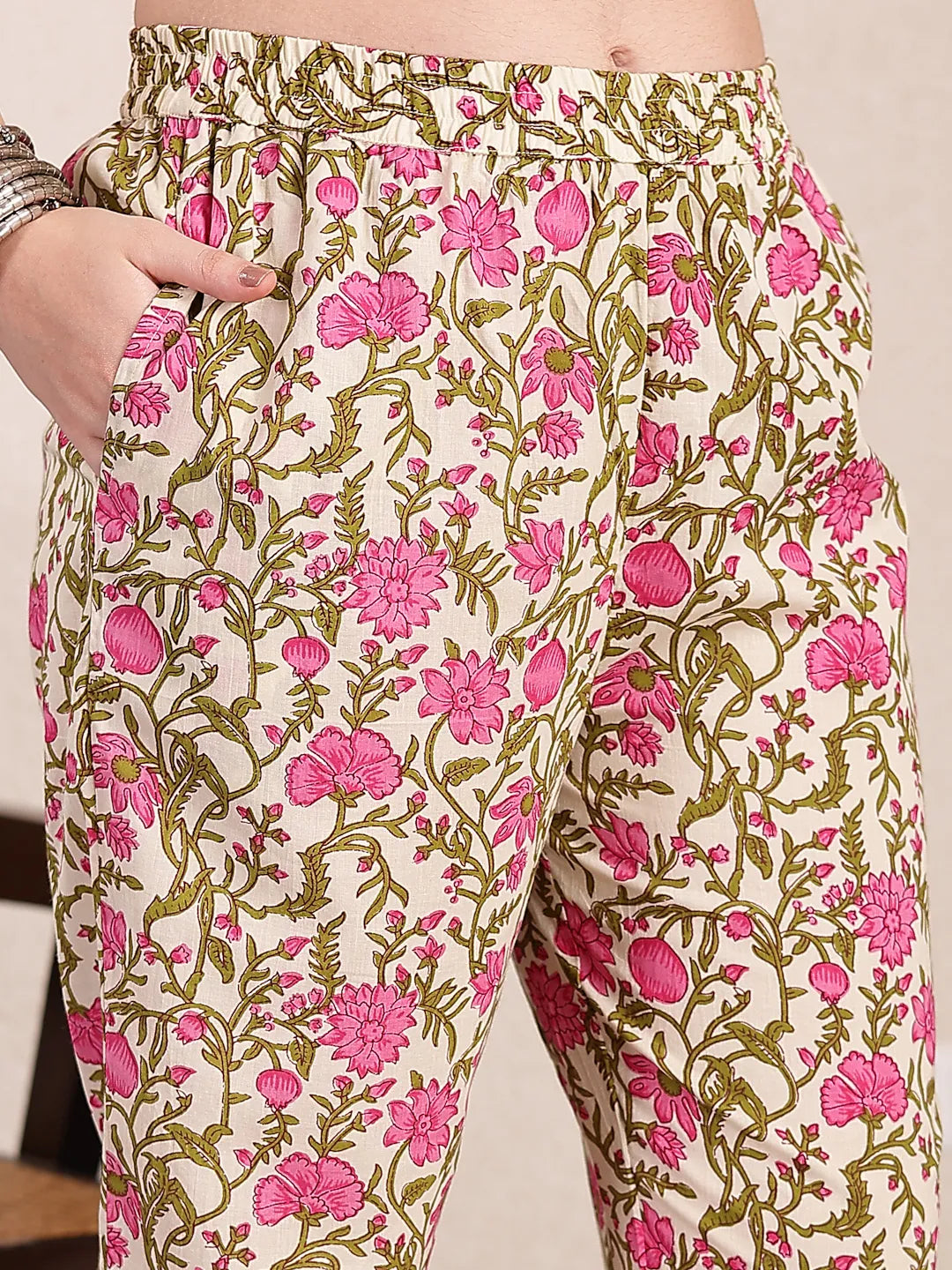 Yufta Pink And Beige Pure Cotton Floral Sequins Work Kurta Dupatta Set