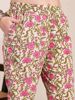 Thumbnail for Yufta Pink And Beige Pure Cotton Floral Sequins Work Kurta Dupatta Set