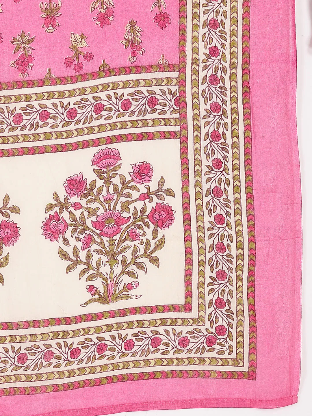 Yufta Pink And Beige Pure Cotton Floral Sequins Work Kurta Dupatta Set