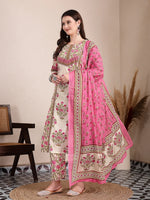 Thumbnail for Yufta Pink And Beige Pure Cotton Floral Sequins Work Kurta Dupatta Set