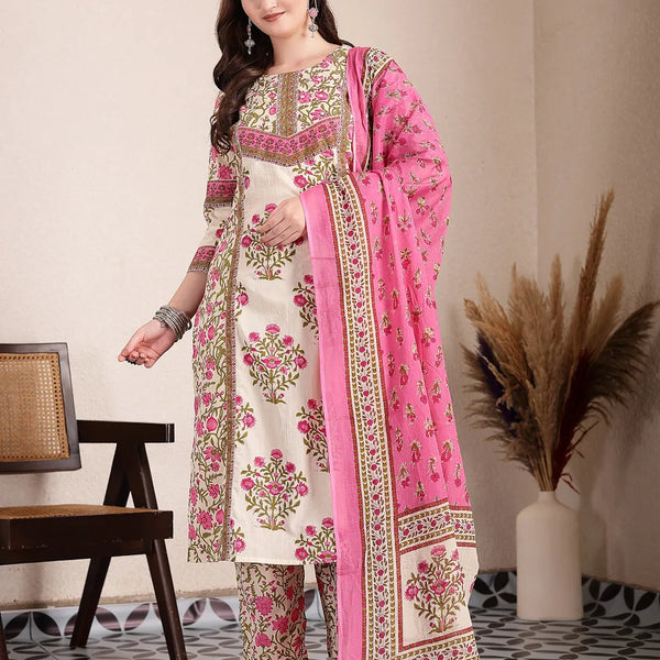 Yufta Pink And Beige Pure Cotton Floral Sequins Work Kurta Dupatta Set - Distacart