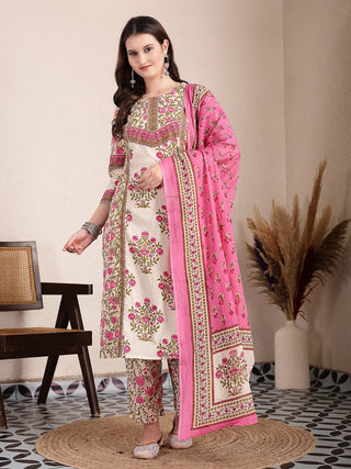 Yufta Pink And Beige Pure Cotton Floral Sequins Work Kurta Dupatta Set - Distacart