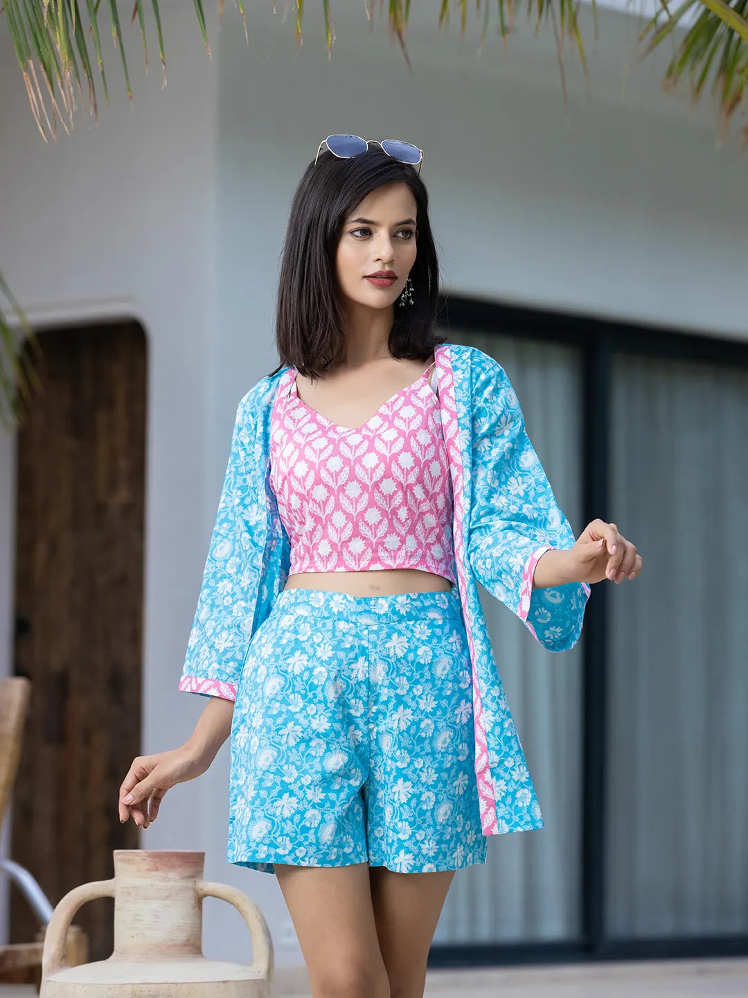 Yufta Pink & Blue Co Ord Set Add Jacket