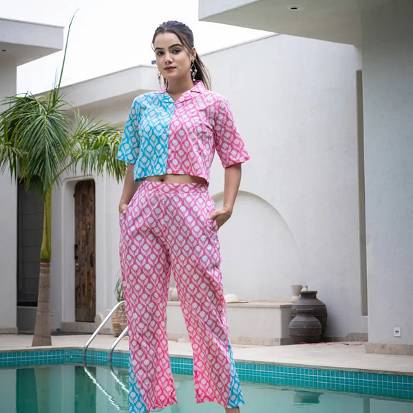 Yufta Pink And Blue Crop Top And Trouser Co Ord Set - Distacart