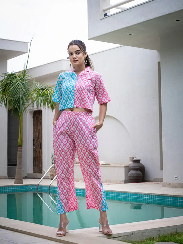 Yufta Pink And Blue Crop Top And Trouser Co Ord Set