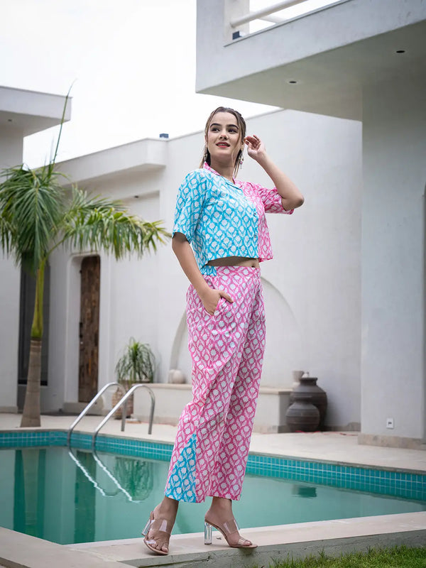 Yufta Pink And Blue Crop Top And Trouser Co Ord Set
