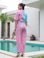 Thumbnail for Yufta Pink And Blue Crop Top And Trouser Co Ord Set