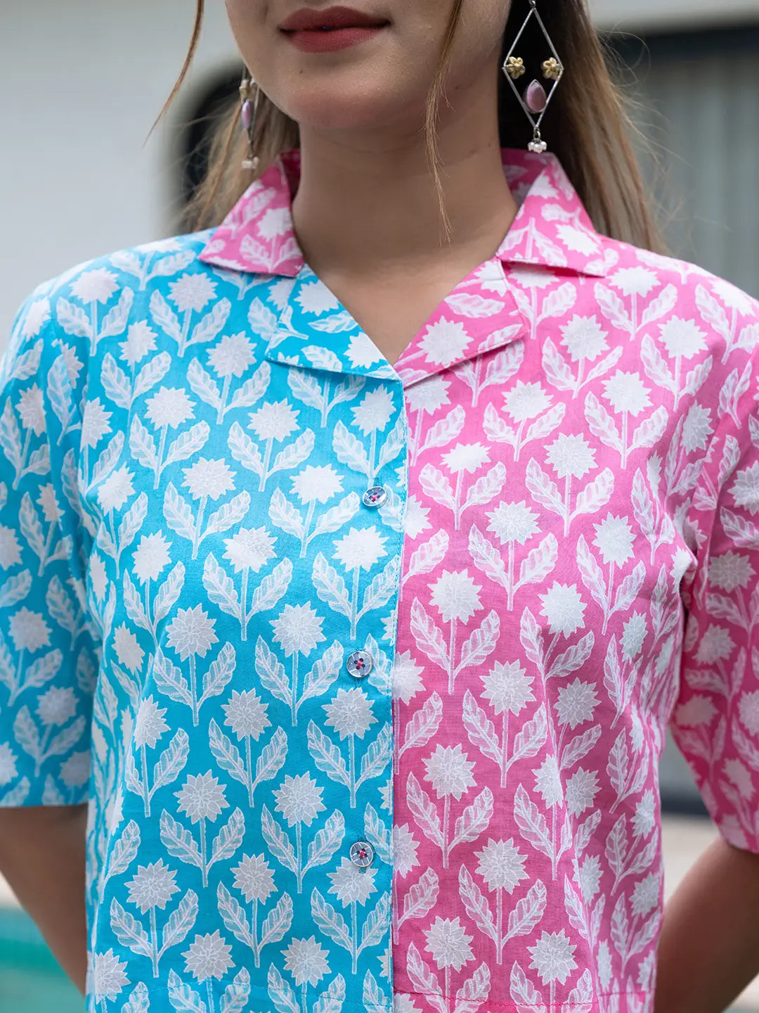 Yufta Pink And Blue Crop Top And Trouser Co Ord Set