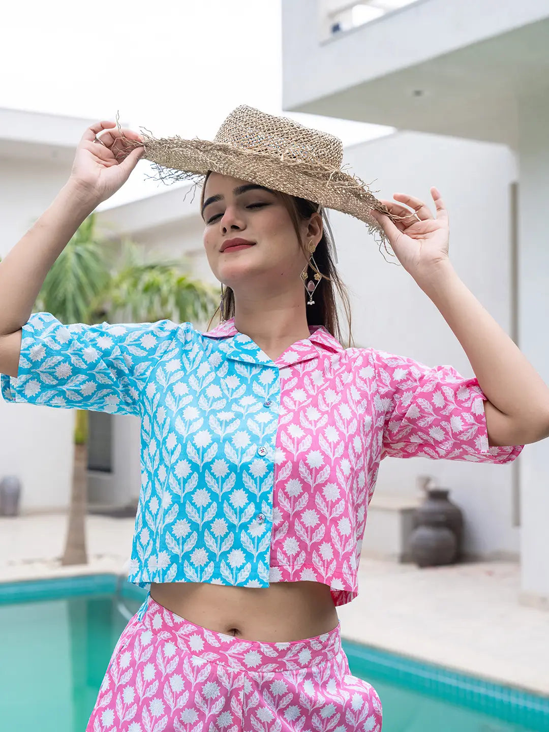 Yufta Pink And Blue Crop Top And Trouser Co Ord Set
