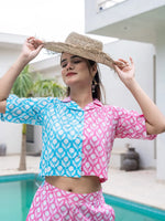 Thumbnail for Yufta Pink And Blue Crop Top And Trouser Co Ord Set