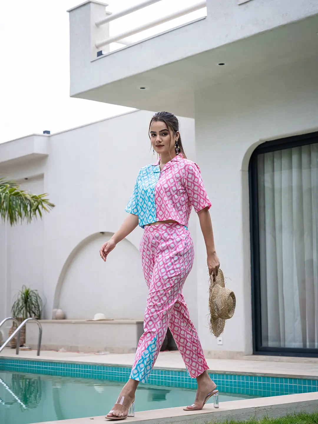 Yufta Pink And Blue Crop Top And Trouser Co Ord Set