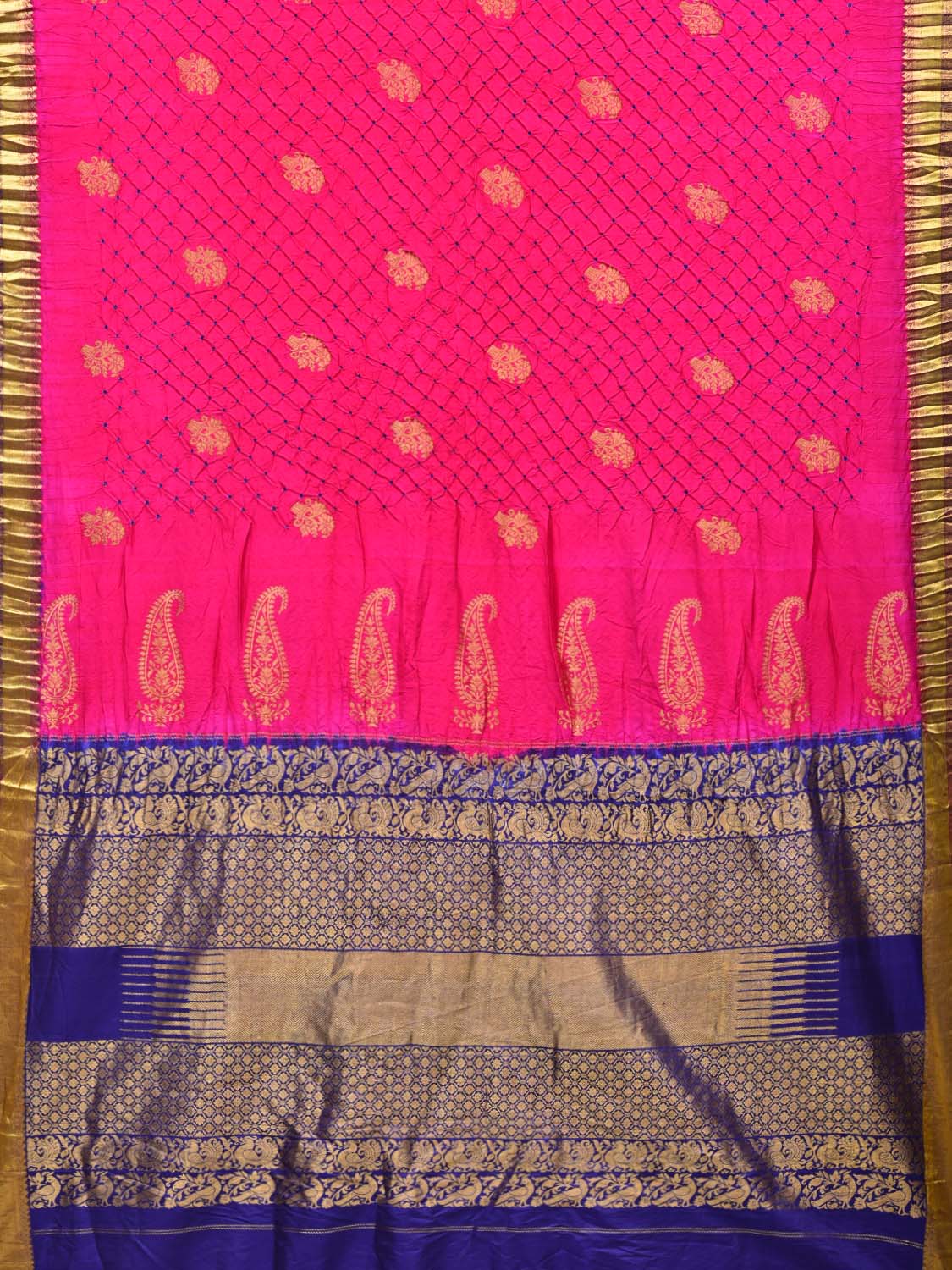 Pink and Dark Blue Bandhani Kanchipuram Silk Handloom Saree with Body Buta Design - Global Threads - Distacart