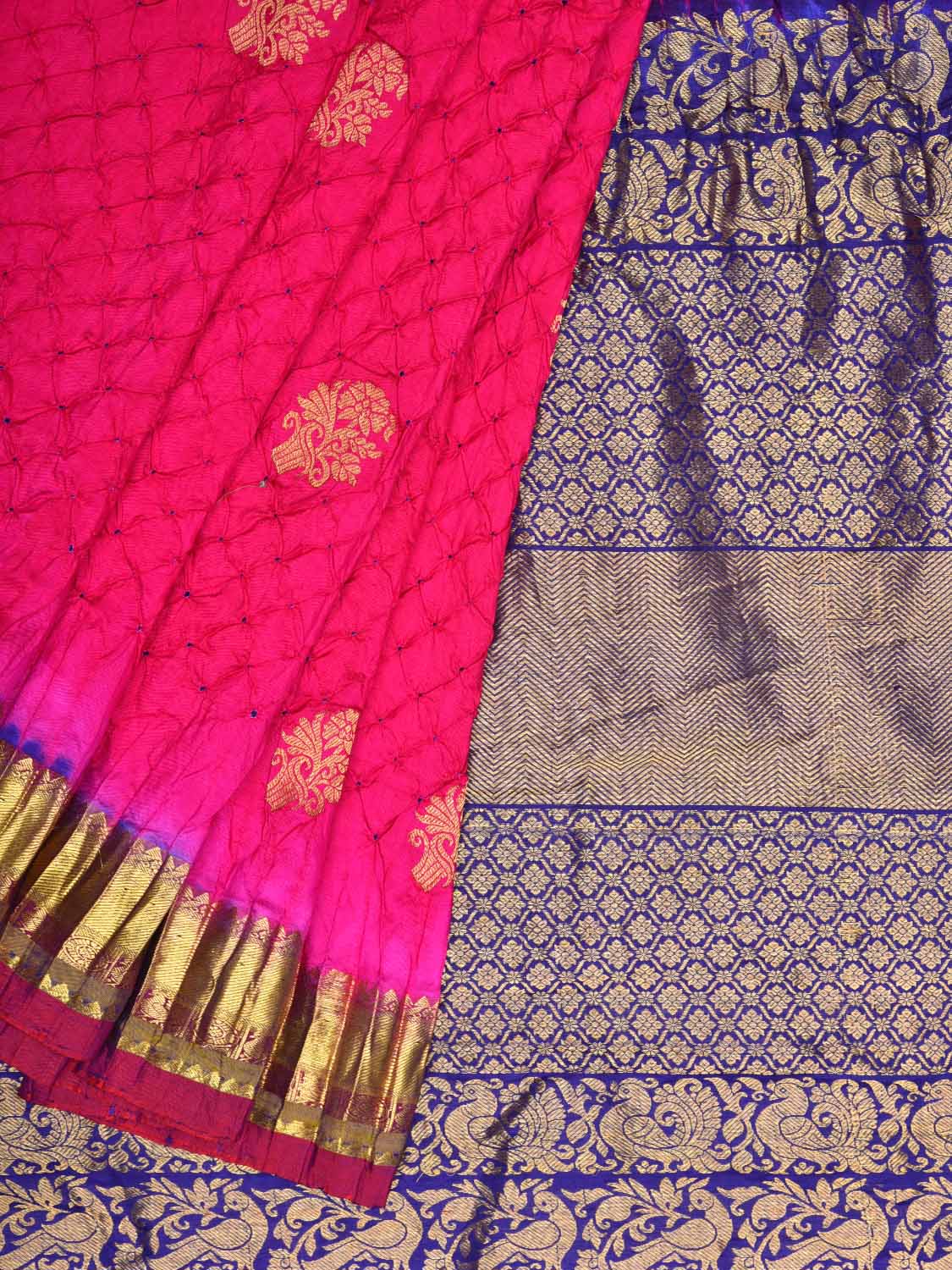 Pink and Dark Blue Bandhani Kanchipuram Silk Handloom Saree with Body Buta Design - Global Threads - Distacart