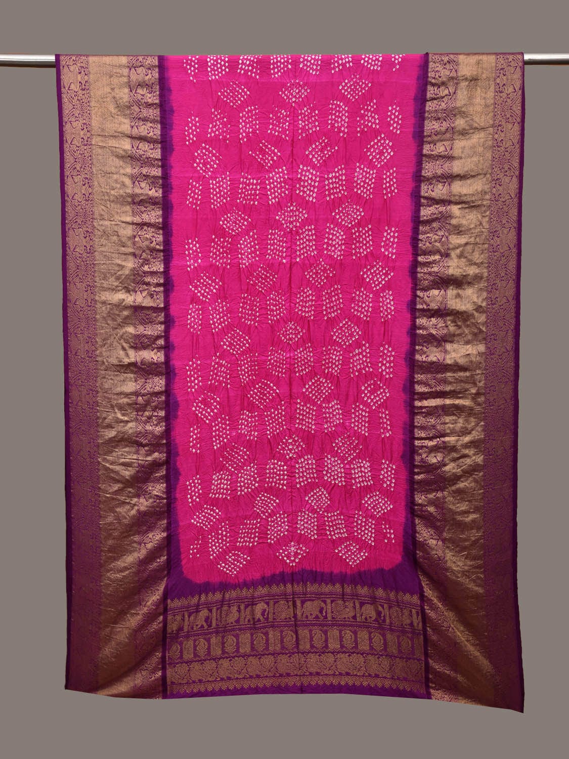 Pink and Purple Bandhani Kanchipuram Silk Handloom Dupatta with Border Design - Global Threads - Distacart