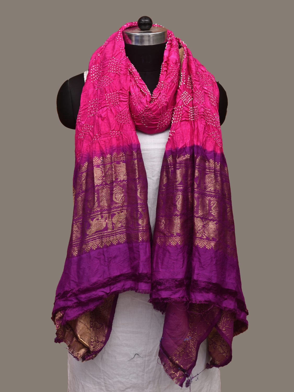 Pink and Purple Bandhani Kanchipuram Silk Handloom Dupatta with Border Design - Global Threads - Distacart