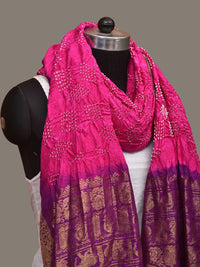 Thumbnail for Pink and Purple Bandhani Kanchipuram Silk Handloom Dupatta with Border Design - Global Threads - Distacart