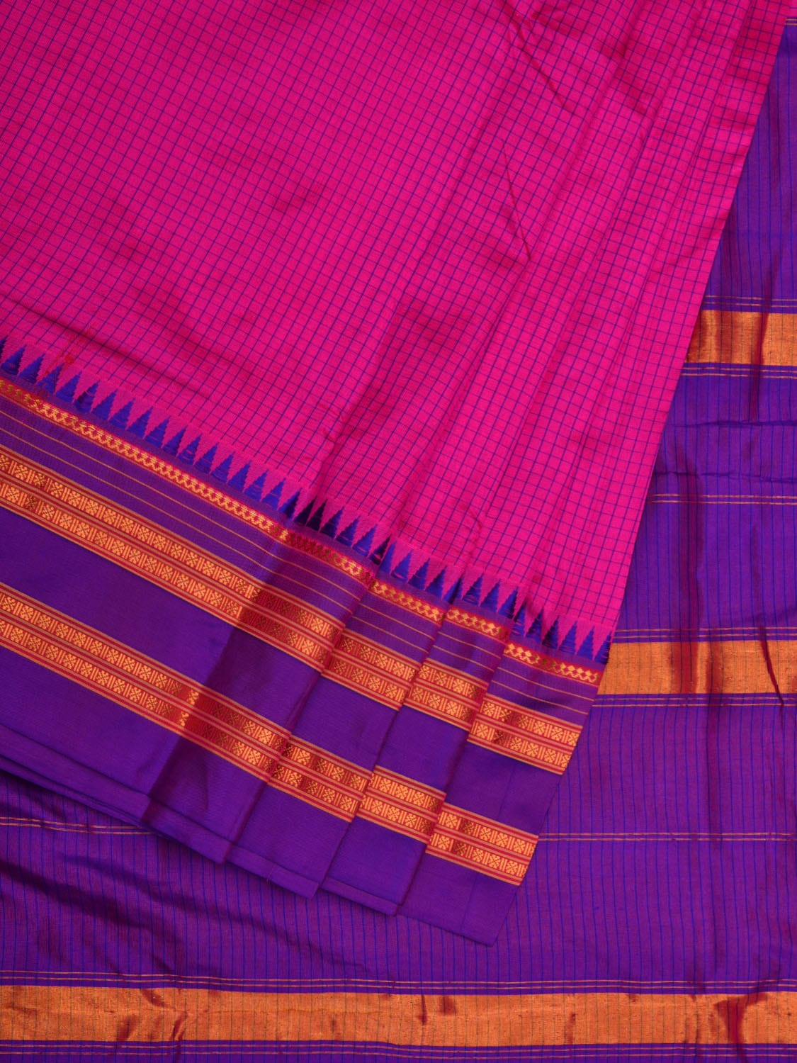 Pink and Purple Narayanpet Silk Handloom Plain Saree with Traditional Border Design No Blouse - Global Threads - Distacart