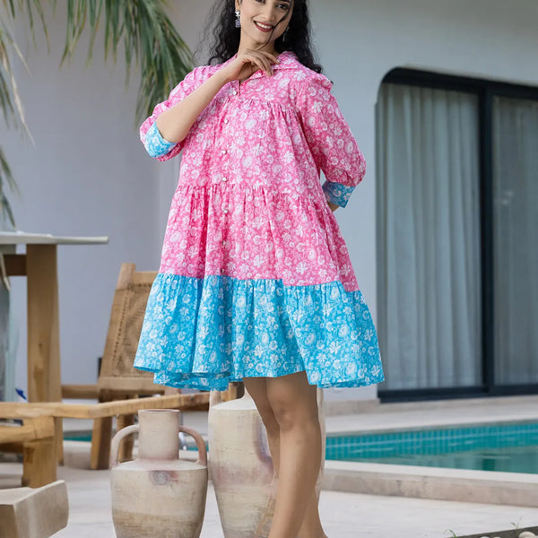 Yufta Pink & Sky Blue Pure Cotton Colour Blocking Dress - Distacart