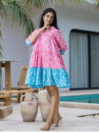 Yufta Pink & Sky Blue Pure Cotton Colour Blocking Dress - Distacart